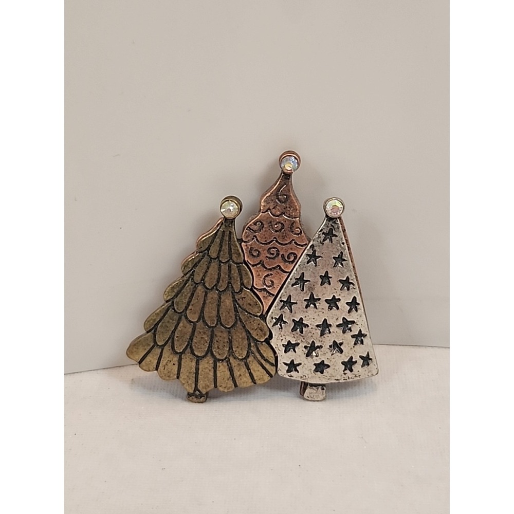1.75"‎ X 2" Copper Back Triple Toned Three Christmas Trees Brooch Pin